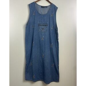 VTG Blue Denim Dress Jumper Sz 2x Embroidered Floral MPH Blues Teacher POCKET